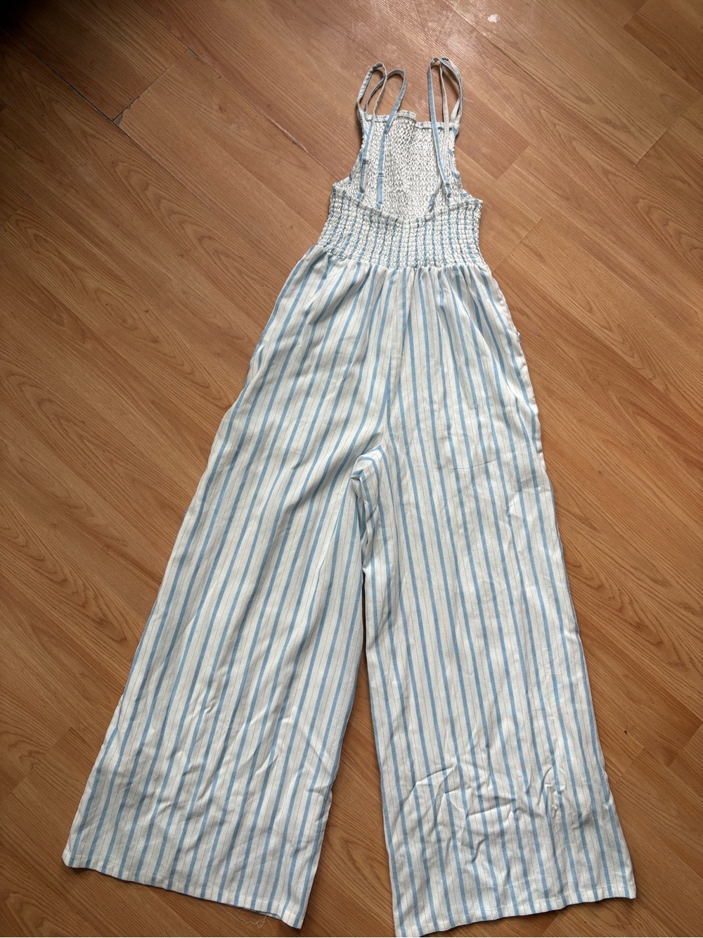 Bluenotes Blue White Striped Smocked Jumpsuit linen blend New England summer M - Picture 7 of 10